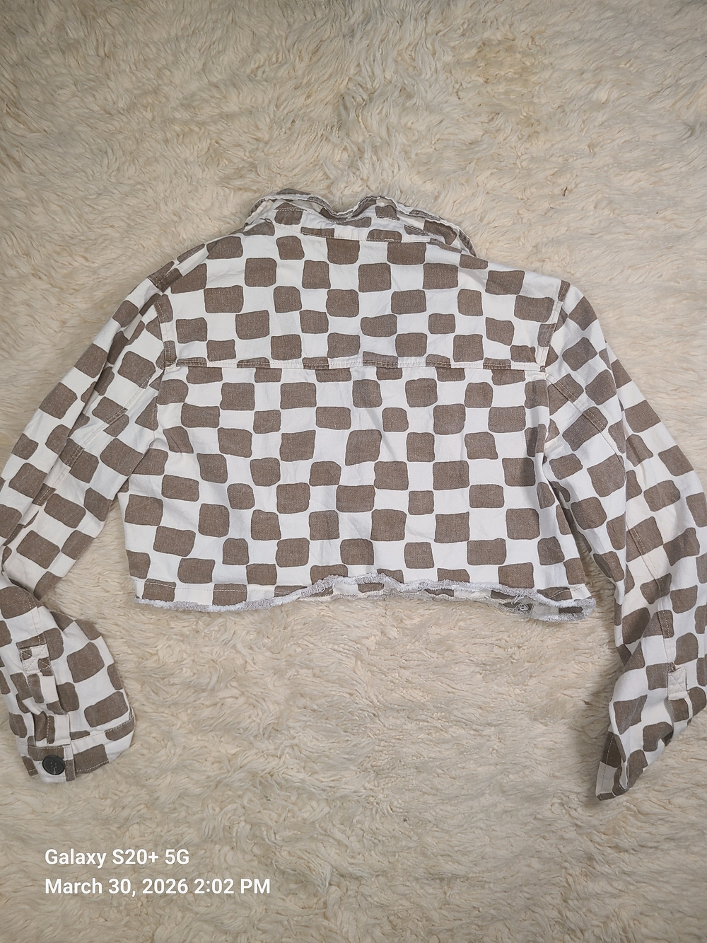 Checked Crop Jean Jacket in Brown and Cream - Picture 6 of 7